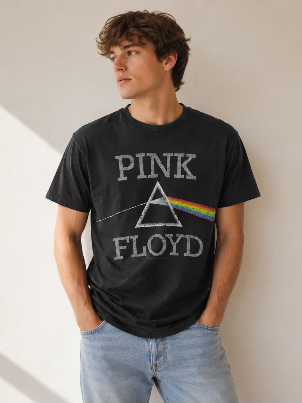 Pink Floyd Black Tee with Prism and Rainbow Stripe